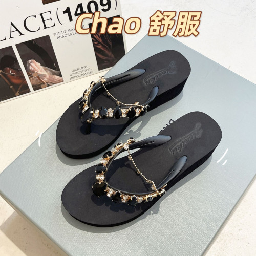 2024夏季新款ins水鑽人字拖女外穿厚底坡跟沙灘度假夾腳涼拖鞋