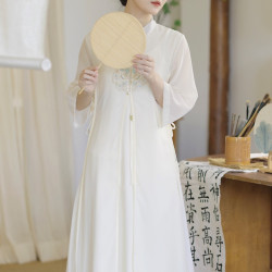 2024夏季新款復古風改良旗袍禪意茶服女刺綉雪紡七分袖連衣裙