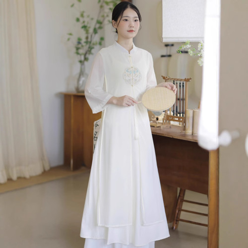 2024夏季新款復古風改良旗袍禪意茶服女刺綉雪紡七分袖連衣裙
