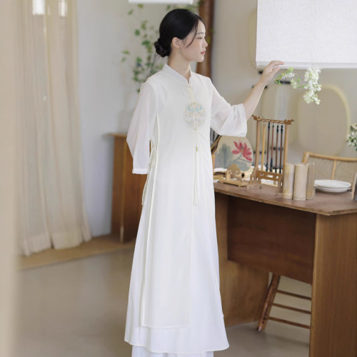 2024夏季新款復古風改良旗袍禪意茶服女刺綉雪紡七分袖連衣裙