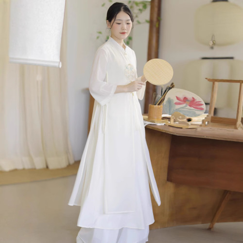 2024夏季新款復古風改良旗袍禪意茶服女刺綉雪紡七分袖連衣裙