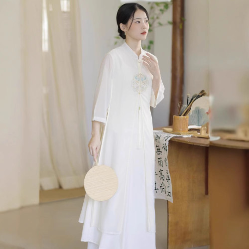 2024夏季新款復古風改良旗袍禪意茶服女刺綉雪紡七分袖連衣裙