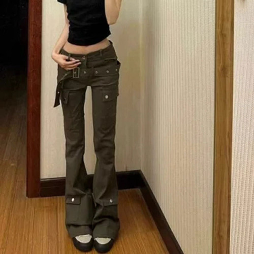 2023美式高街復古低腰微喇叭牛仔褲女夏季設計感小衆休閒工裝褲子
