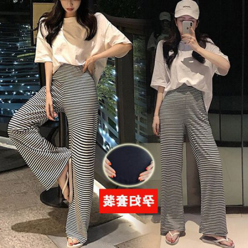 孕婦裝新款孕婦褲加絨加厚黑白橫條紋孕婦托腹濶腿褲夏季