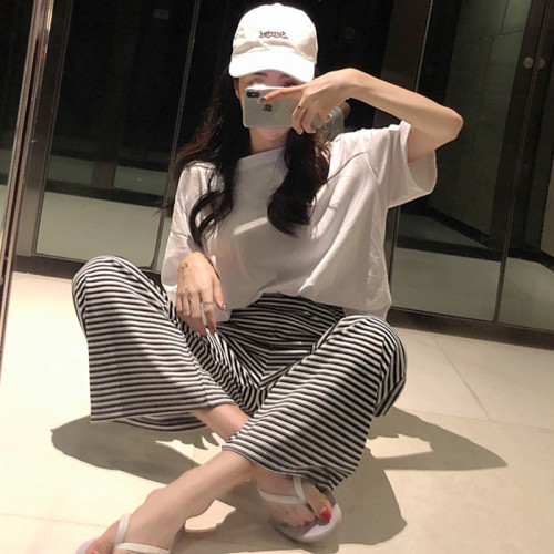 孕婦裝新款孕婦褲加絨加厚黑白橫條紋孕婦托腹濶腿褲夏季