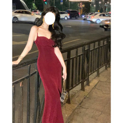 氣質名媛宴會晚禮服紅色吊帶醋酸針織連衣裙女法式開叉長裙子有