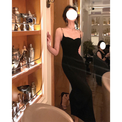 氣質名媛宴會晚禮服紅色吊帶醋酸針織連衣裙女法式開叉長裙子有
