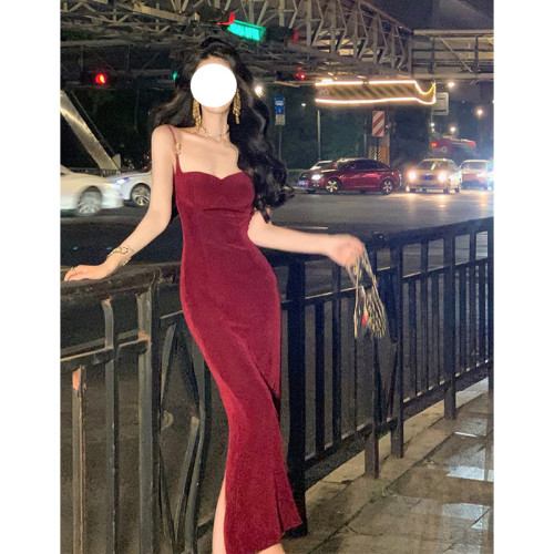 氣質名媛宴會晚禮服紅色吊帶醋酸針織連衣裙女法式開叉長裙子有