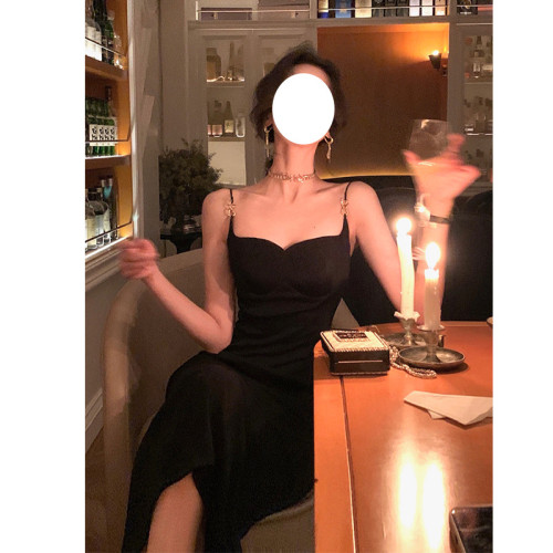 氣質名媛宴會晚禮服紅色吊帶醋酸針織連衣裙女法式開叉長裙子有
