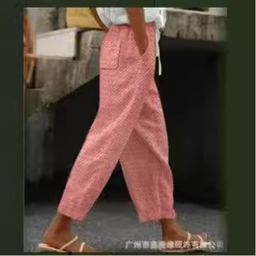 2023獨立站女士棉麻印花貼袋休閒女褲