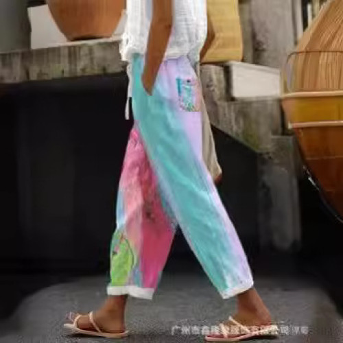 2023獨立站女士棉麻印花貼袋休閒女褲