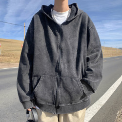 歐美高街連帽開衫衛衣男春秋潮牌ins復古水洗做舊情侶學生外套潮