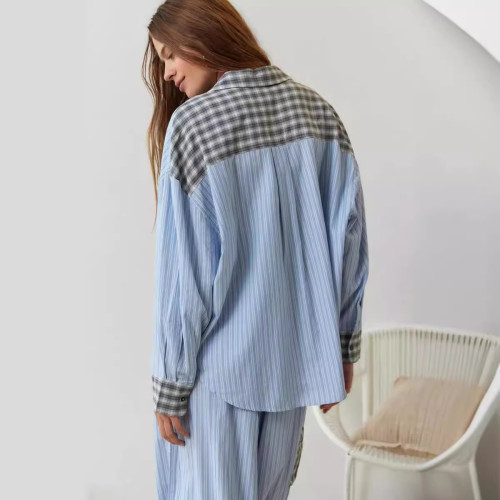 2023新款秋季女裝休閒家居服格紋襯衫套裝睡衣長袖現