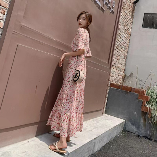 2024新款春夏流行長款長裙女氣質收腰顯瘦減齡裙子碎花雪紡連衣裙