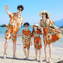 2025新款母女親子裝一家四口夏季全家裝沙灘襯衣套裝母女裙子中長