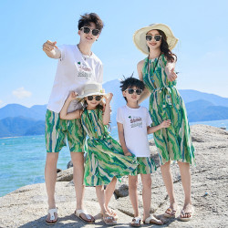 度假波西米亞沙灘親子裝夏裝新款潮母女母子一家三四口短袖連衣裙