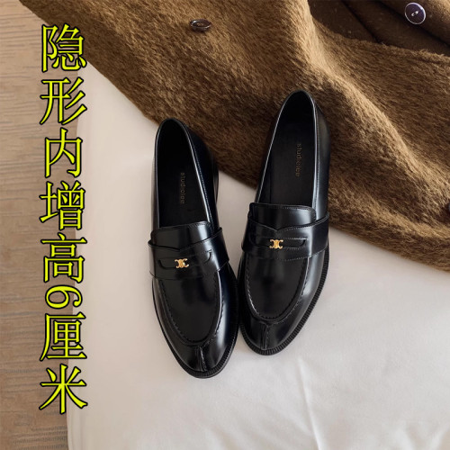葡萄媽studiolee 英倫風圓頭小金釦單鞋女內增高樂福小皮鞋女加絨
