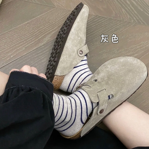 35-46碼三喜同款全真皮勃肯半拖軟木底包頭博肯拖鞋