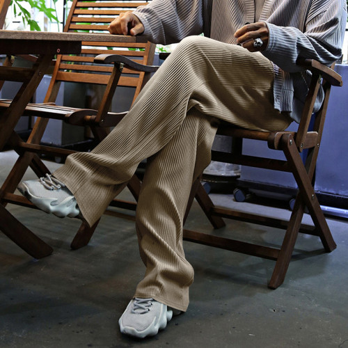 2025春秋裝男士休閒長褲高級感寬松直筒褲穿搭條紋高腰濶腿褲
