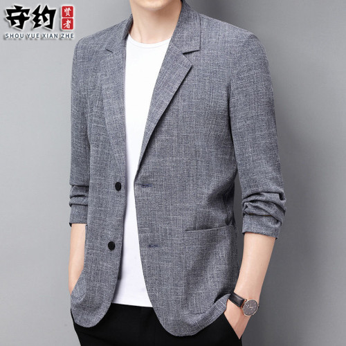 秋季薄款亞麻休閒小西裝男單面外套西服中青年寬松多口袋棉麻外套