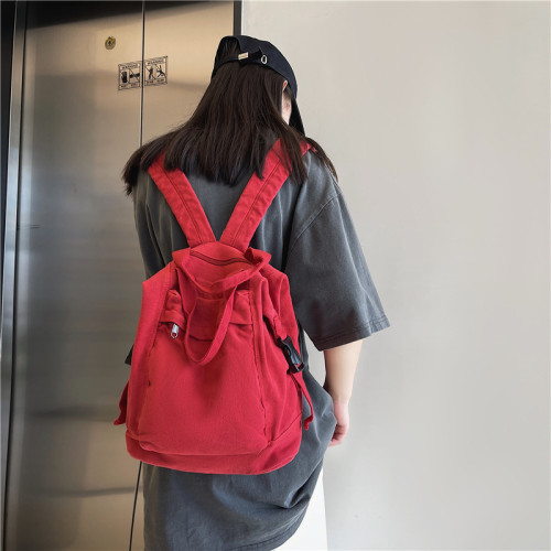純色復古帆布雙肩包女日系簡約大容量初高中生書包大學生後背包