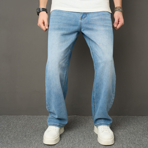 歐美街頭BIKER JEANS潮牌馬騮高街男士牛仔褲寬松濶腿直筒褲男
