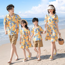 2025款沙灘親子裝夏季度假洋氣休閒裝一家四口連衣裙