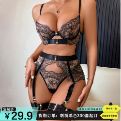 2024歐美新款情趣套裝透視刺綉睫毛花邊塑身性感內衣四件套女
