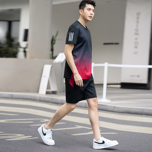 男士跑步速乾運動套裝男夏季冰絲加肥加大衣短褲短袖運動服套裝夏