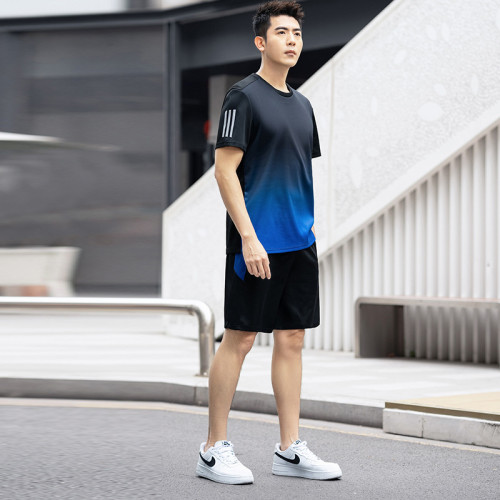 男士跑步速乾運動套裝男夏季冰絲加肥加大衣短褲短袖運動服套裝夏