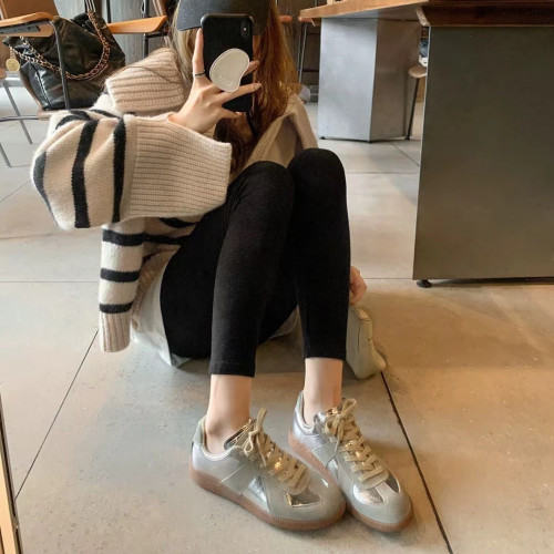 蘇茵茵同款銀色德訓鞋女2025新款韓版真皮拼色休閒運動鞋百搭板鞋