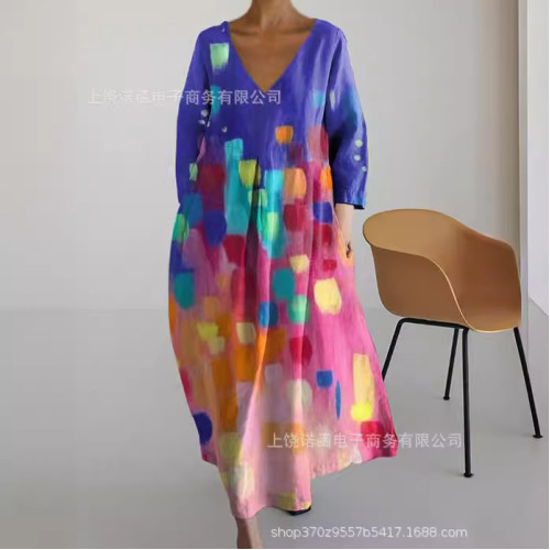 2024新款歐美女裝寬松圓領時尚高級長袖印花V領連衣裙