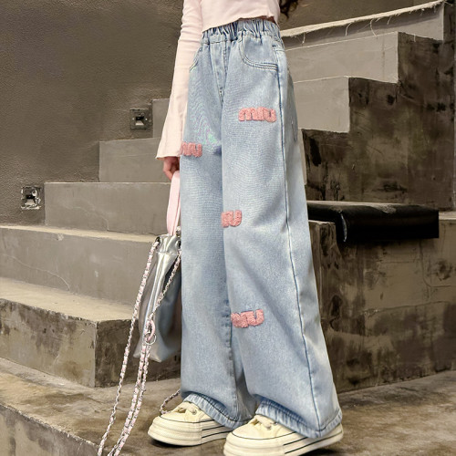 2025春季新款女童網紅牛仔褲中大童韓版洋氣綉花濶腿褲兒童長褲子
