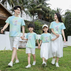 親子裝夏休閒裝新款紥染T恤一家三四口母子母女白色半身裙套裝