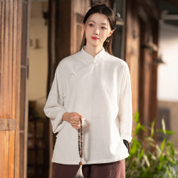 25秋棉麻中式女裝復古立領棉麻盤釦上衣襯衫女式亞麻砂洗禪修茶服