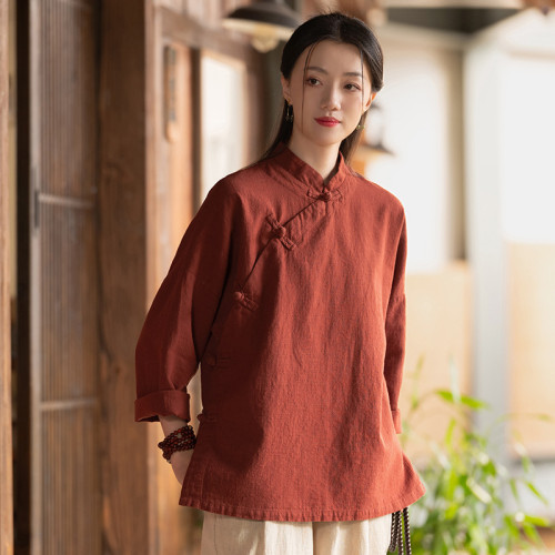 25秋棉麻中式女裝復古立領棉麻盤釦上衣襯衫女式亞麻砂洗禪修茶服