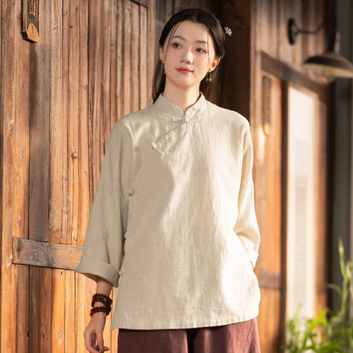 25秋棉麻中式女裝復古立領棉麻盤釦上衣襯衫女式亞麻砂洗禪修茶服