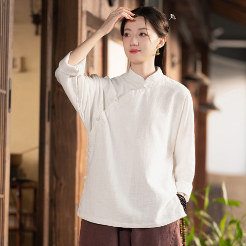25秋棉麻中式女裝復古立領棉麻盤釦上衣襯衫女式亞麻砂洗禪修茶服