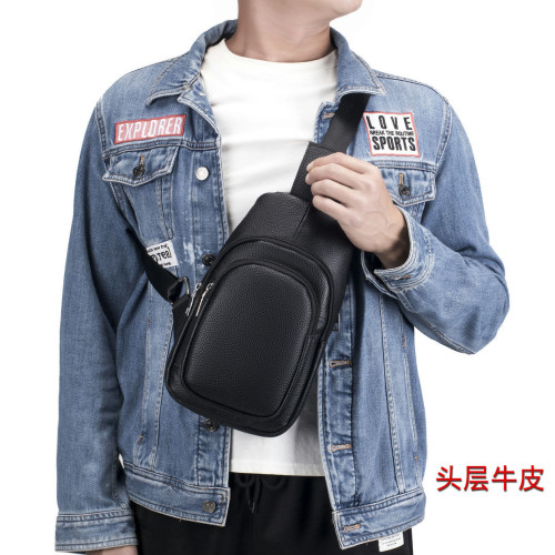 男士真皮胸包 頭層牛皮胸前包男款 復古休閒風單肩挎包大容量皮包