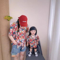 海邊度假沙灘親子裝一家三口夏威夷襯衫寬松復古港風雪紡母子襯衣