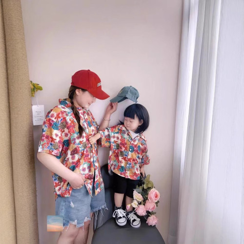 海邊度假沙灘親子裝一家三口夏威夷襯衫寬松復古港風雪紡母子襯衣