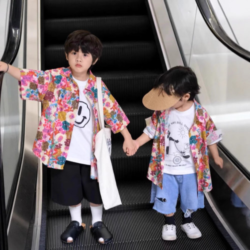 海邊度假沙灘親子裝一家三口夏威夷襯衫寬松復古港風雪紡母子襯衣