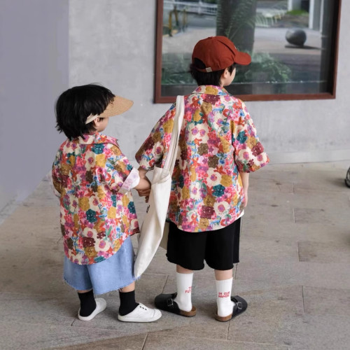 海邊度假沙灘親子裝一家三口夏威夷襯衫寬松復古港風雪紡母子襯衣