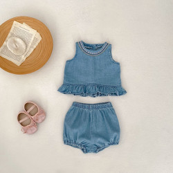 2025夏季爆款童裝綉花柔軟牛仔布嬰幼兒童女寶寶全棉甜美無袖套裝