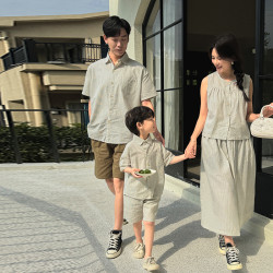 韓國童裝男女童親子裝套裝2024新款夏裝輕薄條紋襯衫兩件套家庭裝