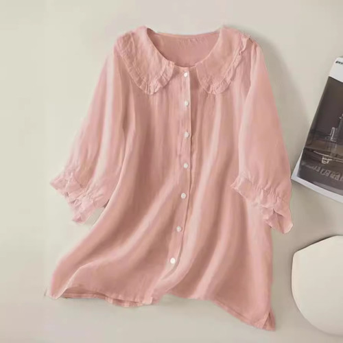  獨立站 wish新品 寬松中袖襯衣 女娃娃領上衣