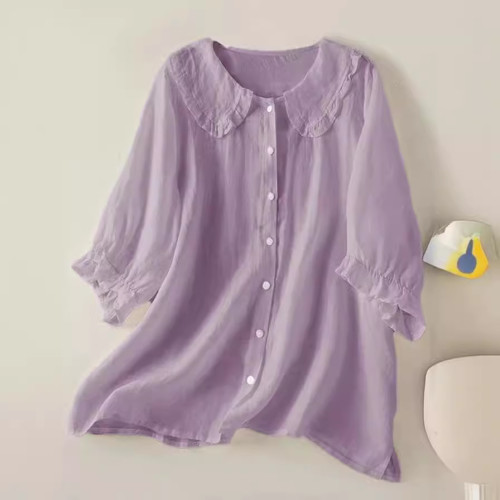  獨立站 wish新品 寬松中袖襯衣 女娃娃領上衣
