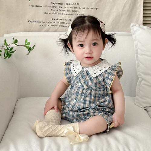 新生兒衣服嬰兒連體衣花邊格子前開嬰兒衣服短袖嬰兒夏裝