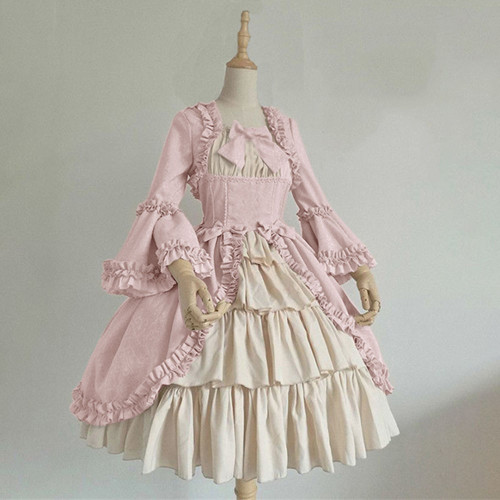 歐美中世紀復古哥特宮廷連衣裙方領收腰拼接蝴蝶結禮服裙