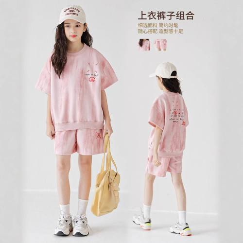 2025新款韓版女童暈染短袖褲套裝時尚大童運動字母兩件套